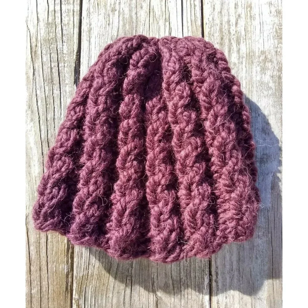 Womens Chunky Alpaca Beanie Skully Hat Handmade Knit Unisex Burgundy Men Red M/L - Picture 5 of 9